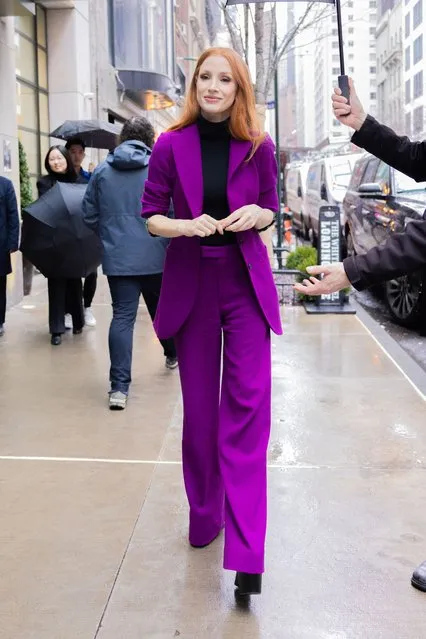 American actress Jessica chastain is seen leaving her nyc hotel in a purple outfit on a rainy day in the last decade of February 2024. (Photo by Wavy Peter/Splash News and Pictures)
