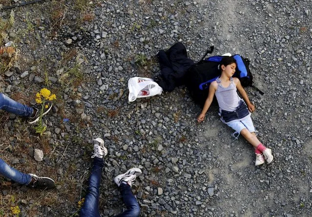 Seven year-old Ariana, a Kurdish-Syrian immigrant, rests before crossing into Macedonia along with another 45 Syrian immigrants near the border Greek village of Idomeni in Kilkis prefecture May 14, 2015. (Photo by Yannis Behrakis/Reuters)
