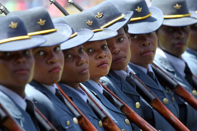 Members of the Air Force of Zimbabwe march during Zimbabwe's 36th Independence celebrations in Harare, Monday, April, 18, 2016. Zimbabwean President Robert Mugabe, who gave the key note address, said that the economy is on the mend despite sanctions imposed by western countries. (Photo by Tsvangirayi Mukwazhi/AP Photo)