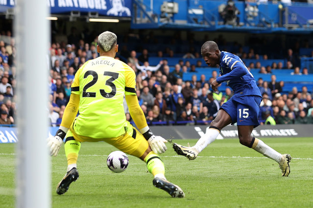 Nicolas Jackson of Chelsea scores his team's fifth goal during the Premier League match between Chelsea FC and West Ham United at Stamford Bridge on May 05, 2024 in London, England. (Photo by Ryan Pierse/Getty Images)