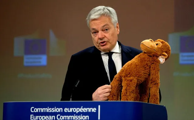 European Commissioner for Justice Didier Reynders holds up a stuffed toy as he addresses a media conference on the Safety Gate rapid alert system for dangerous products at EU headquarters in Brussels, Belgium, March 2, 2021. (Photo by Virginia Mayo/Pool via Reuters)