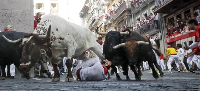 A steer jumps over a fallen runner as two Jandilla fighting bulls follow behind at the Mercaderes curve during the first running of the bulls of the San Fermin festival in Pamplona, northern Spain, July 7, 2015. (Photo by Susana Vera/Reuters)