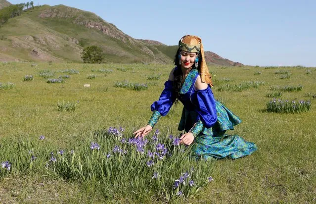 A model of the “Altyr” fashion theatre, dressed in a Khakas national costume, poses during a photo session, as a part of the rehearsal for the Tun-Pairam traditional holiday (The Holiday of the First Milk) celebration at a museum preserve outside Kazanovka village near Abakan in the Republic of Khakassia, Russia, May 28, 2016. (Photo by Ilya Naymushin/Reuters)
