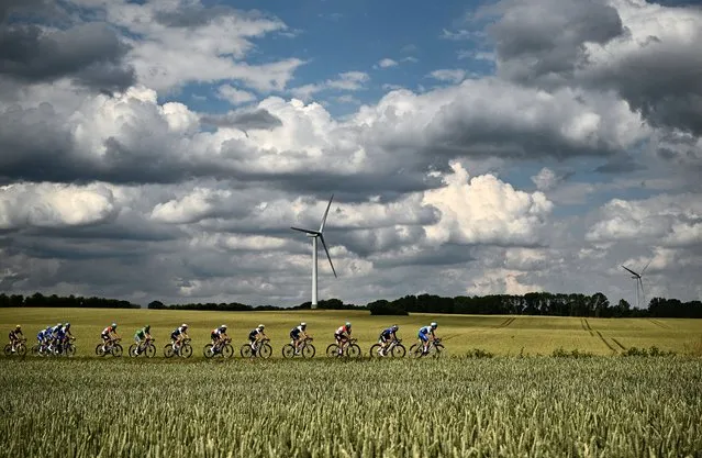 The pack of riders cycles past fields during the 3rd stage of the 109th edition of the Tour de France cycling race, 182 km between Vejle and Sonderborg in Denmark, on July 3, 2022. (Photo by Marco Bertorello/AFP Photo)