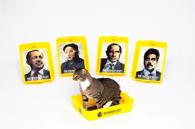 The claws are out for North Korean dictator Kim Jong-un and Russia's Vladimir Putin – as cats now able to use a model of him as a scratching post. And moggies can also maul at Russian president Vladimir Putin, whose face also features on the new cat toys which are 1.5ft tall and cost £4,500. They are made from hessian rope, and 3D-printed faces are then attached to the posts, before they are handpainted. The toys took a team of artists 200 hours to finish. (Photos by The Pussycat Riot)