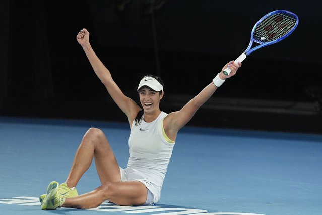 Olga Danilovic of Serbia celebrates after defeating Jessica Pegula of the U.S. in their third round match at the Australian Open tennis championship in Melbourne, Australia, Friday, January 17, 2025. (Photo by Asanka Brendon Ratnayake/AP Photo)