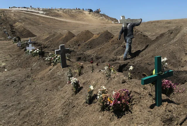 A cemetery worker carries a cross past newly dug graves at Tijuana Municipal Cemetery 13 amid the COVID-19 pandemic on May 11, 2020 in Tijuana, Mexico. A cemetery official said the number of burials at the cemetery has approximately doubled recently due to the spread of the coronavirus. Tijuana has the most deaths, 243, attributed to COVID-19 of any municipality in Mexico. (Photo by Mario Tama/Getty Images)