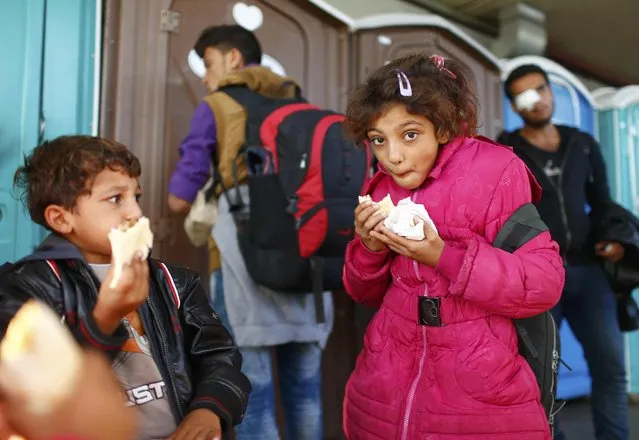 A migrant's girl eats moments after arriving by train at Schoenefeld railway station, south of Berlin, Germany, September 13, 2015. (Photo by Hannibal Hanschke/Reuters)