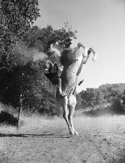 Roy Rogers, cowboy star of the Hollywood screen, rears his famous horse Trigger up short to get this magnificent effect for a scene in their latest film Under California Stars in Los Angeles on September 30, 1948. (Photo by AP Photo)