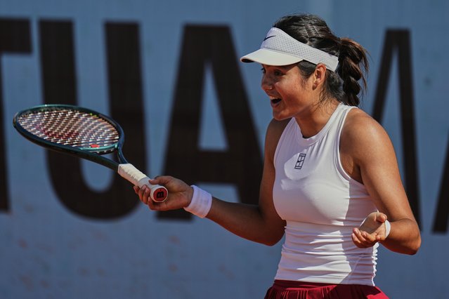 Great Britain's Emma Raducanu reacts during his match against Marta Kostyuk of Ukraine in the Madrid Open tennis tournament in Madrid, Spain, Friday, April 25, 2025. (Photo by Manu Fernandez/AP Photo)