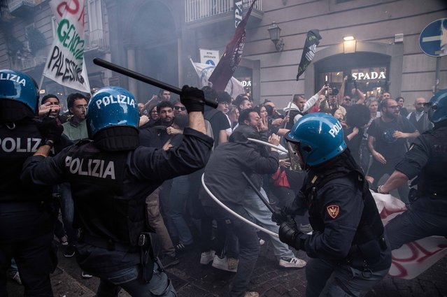 Clashes between demonstrators and police during a protest against NATO and the war on April 08, 2024 in Naples, Italy. Clashes in Naples between demonstrators and police during a pacifist protest against NATO and against the war in Palestine. The procession of demonstrators was trying to reach the San Carlo Theater where an event for the 75th anniversary of NATO was scheduled. Several protesters were injured. (Photo by Ivan Romano/Getty Images)