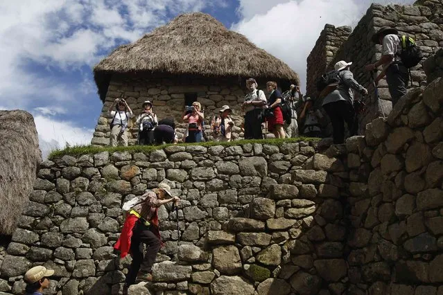 A visitor climbs the steps at the Inca citadel of Machu Picchu in Cusco December 2, 2014. (Photo by Enrique Castro-Mendivil/Reuters)