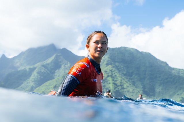 Bettylou Sakura Johnson of Hawaii prior to surfing in Heat 4 of the Quarterfinals at the Lexus Tahiti Pro on August 8, 2025 at Teahupoo, Tahiti, French Polynesia. (Photo by Beatriz Ryder/World Surf League via Getty Images)