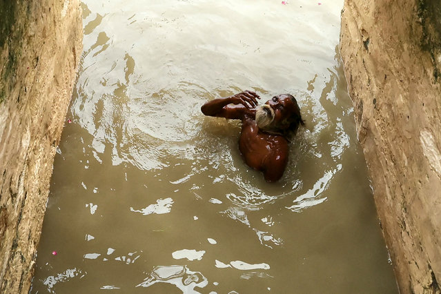 A Sadhu, or a Hindu holy man, takes a dip at the flooded Manikarnika Ghat after a rise in the water level of the Ganges river in Varanasi on September 15, 2025. (Photo by Niharika Kulkarni/AFP Photo)