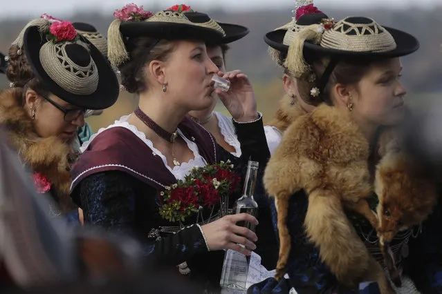 A young woman in her costume of the region drinks liqueur during the traditional Leonhardi pilgrimage in Warngau near Munich, Germany, Sunday, October 23, 2016. (Photo by Matthias Schrader/AP Photo)