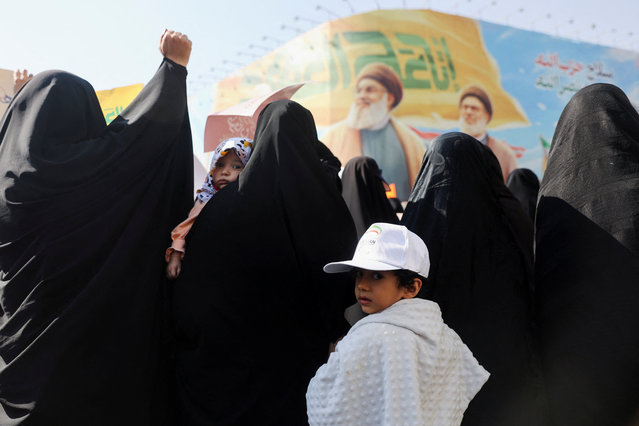 A child attends a rally in support of the people of Gaza, after Friday prayers in Tehran, Iran, on October 10, 2025. (Photo by Majid Asgaripour/WANA (West Asia News Agency) via Reuters)