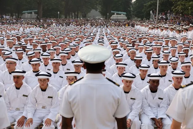  Incoming plebes (freshmen) take part in their Oath of Office Ceremony during Induction Day at the U.S. Naval Academy on June 29, 2023 in Annapolis, Maryland. Approximately 1,200 midshipmen with the Naval Academy's Class of 2027 took part in Induction Day which is their first official day of Plebe Summer and their transition from civilians into fourth-class midshipmen. (Photo by Kevin Dietsch/Getty Images)