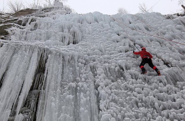 A man climbs an artificial wall of ice in the city of Liberec, Czech Republic, January 23, 2016. (Photo by David W. Cerny/Reuters)