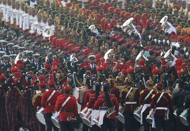 Members of the Indian military band take part during the full dress rehearsal for the “Beating the Retreat” ceremony in New Delhi, India, January 28, 2016. (Photo by Altaf Hussain/Reuters)