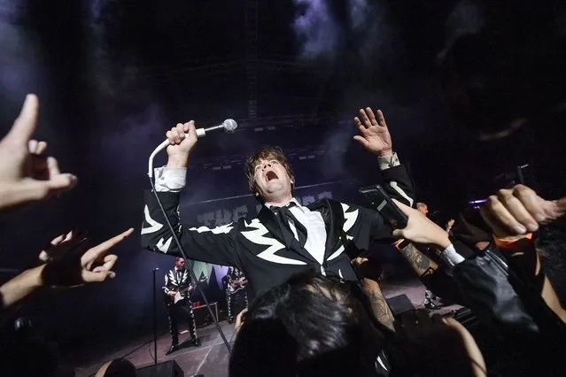 Singer Pelle Almqvist of the Swedish rock band The Hives performs during a concert at the Concha Acustica of Bello Monte in Caracas, Venezuela, Thursday, December 7, 2023. (Photo by Matias Delacroix/AP Photo)