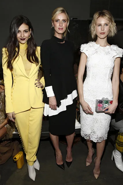 Victoria Justice, Nicky Hilton and guest are seen during the Pamella Roland fashion show at Pier 59 on February 07, 2019 in New York City. (Photo by Brian Ach/Getty Images)