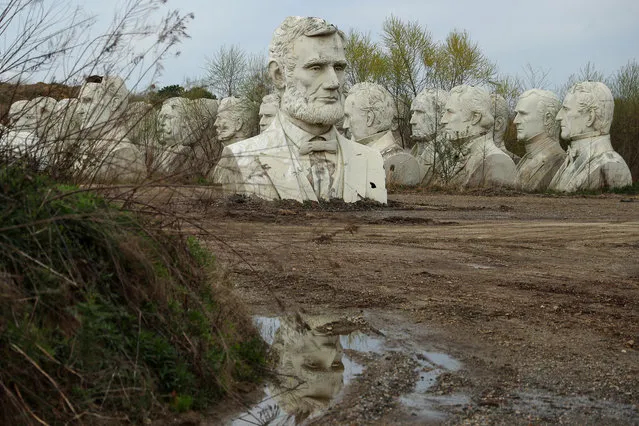 Standing nearly 20-feet-high, 43 U.S. Presidential busts rest on April 9, 2019 in Croaker, Virginia. (Photo by Patrick Smith/Getty Images)