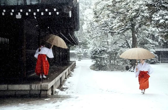 Two shinto priestess try to walk on the snow in Meiji Jingu Shrine in Tokyo on February 8, 2014. (Photo by Nicolas Datiche/SIPA Press)