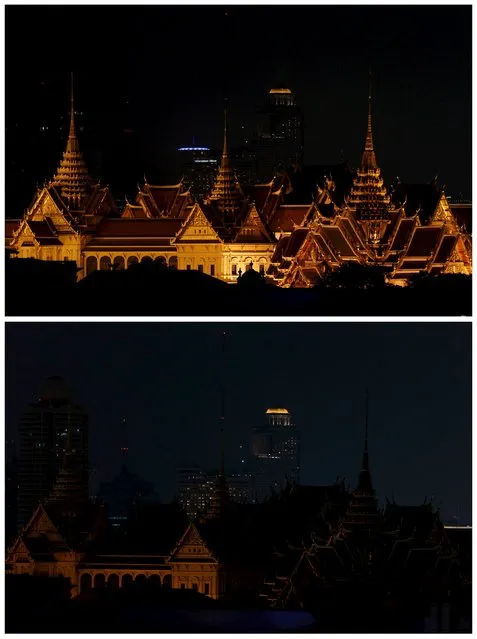 Combination picture shows the Grand Palace before (top) and during Earth Hour in Bangkok, Thailand on March 19, 2016. (Photo by Jorge Silva/Reuters)