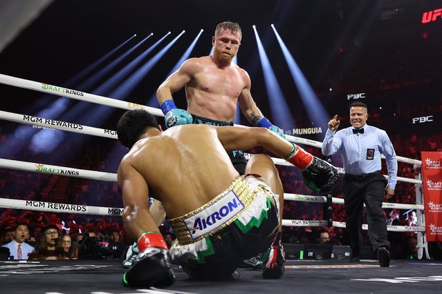 Canelo Alvarez knocks down Jaime Munguia in their super middleweight championship title fight at T-Mobile Arena on May 04, 2024 in Las Vegas, Nevada. (Photo by Christian Petersen/Getty Images/AFP Photo)