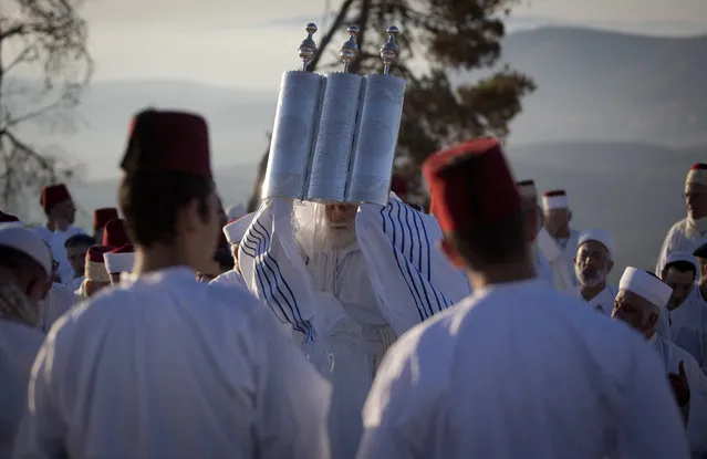 Members of the ancient Samaritan community hold up a Torah scroll during the holiday of Shavuot on Mount Gerizim near the West Bank town of Nablus, early Sunday, June 12, 2016. Samaritans descended from the ancient Israelite tribes of Menashe and Efraim but broke away from mainstream Judaism 2,800 years ago. Today, the remaining 700 Samaritans live in the Palestinian city of Nablus in the West Bank and the Israeli seaside town of Holon, south of Tel Aviv. (Photo by Majdi Mohammed/AP Photo)
