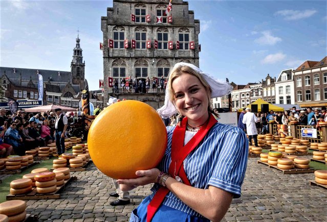 A young woman wears a traditional dress as she displays a loaf of Gouda cheese at the cheese market in Gouda, Netherlands, Thursday, August 17, 2023. The cheese market takes place very Thursday and has a 900-year-old tradition. (Photo by Michael Probst/AP Photo)