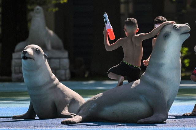 Children play around fountains in form of seals at a water playground at the Plaenterwald Park in Berlin on August 2, 2022. (Photo by Ina Fassbender/AFP Photo)