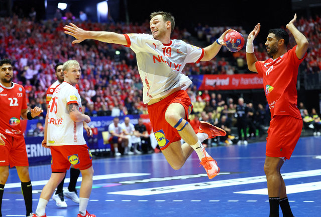 Mathias Gidsel helps the Danes to victory against Tunisia in the preliminary round of the IHF Handball World Championships at the Jyske Bank Boxen arena in Herning, central Denmark on January 16, 2025. (Photo by Bernadett Szabo/Reuters)