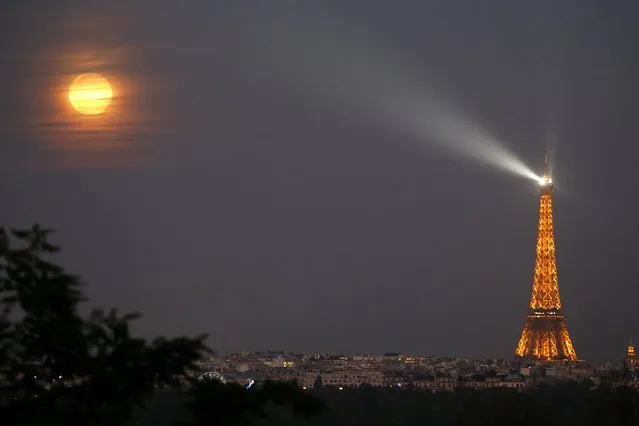 A super moon rises in the sky near the Eiffel tower as seen from Suresnes, Western Paris, September 9, 2014. The astronomical event occurs when the moon is closest to the Earth in its orbit, making it appear much larger and brighter than usual. (Photo by Charles Platiau/Reuters)