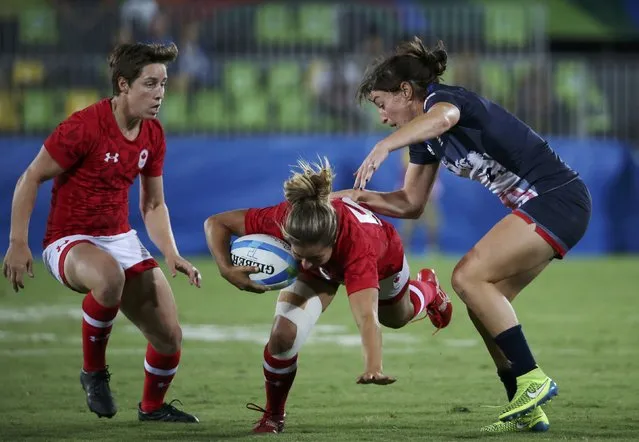 2016 Rio Olympics, Rugby, Women's Bronze Medal Match Canada vs Britain, Deodoro Stadium, Rio de Janeiro, Brazil on August 9, 2016. Alice Richardson (GBR) of United Kingdom tackles Ashley Steacy (CAN) of Canada. (Photo by Alessandro Bianchi/Reuters)