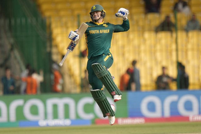 South Africa's Ryan Rickelton celebrates after scoring century during the ICC Champions Trophy cricket match between Afghanistan and South Africa, in Karachi, Pakistan Friday, February 21, 2025. (Photo by Anjum Naveed/AP Photo