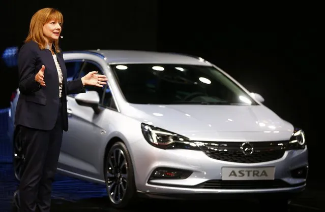 General Motors CEO Mary Barra presents the new Opel Astra during the media day at the Frankfurt Motor Show (IAA) in Frankfurt, Germany September 15, 2015. (Photo by Kai Pfaffenbach/Reuters)