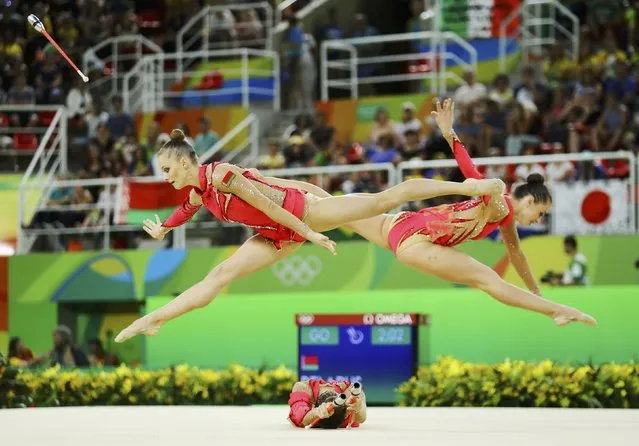 2016 Rio Olympics, Rhythmic Gymnastics, Preliminary, Group All-Around Qualification, Rotation 2, Rio Olympic Arena, Rio de Janeiro, Brazil on August 20, 2016. Team Belarus (BLR) compete using clubs and hoops. (Photo by Mike Blake/Reuters)