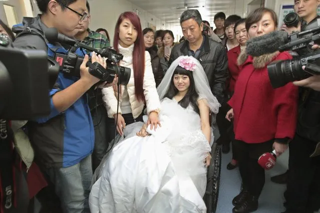 Bride Fan Huixiang (C), 25-year-old cancer patient, sits in a wheelchair pushed by her father, during her wedding at a hospital in Zhengzhou, Henan province, November 17, 2014. (Photo by Reuters/China Daily)
