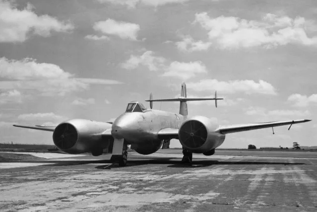 Britain's first jet deflection plane, an experimental Gloster Meteor aircraft fitted with 60-degree downward deflection units beneath each of its two rolls Royce Nene jet engines, shown February 15, 1955. Thrust from the deflected jet streams enables the plane to take off on shorter runways,and considerably reduces the stalling speed. (Photo by AP Photo)