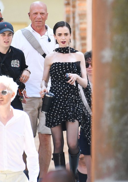 English-American actress Lily Collins during Emily in Paris set in Venice, Italy on August 19, 2025. (Photo by Poitout Florian/ABACA Press/Rex Features/Shutterstock)