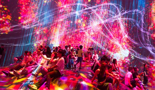 Visitors to teamLab Borderless, a permanent exhibition at Tokyo's Azabu Dai Hills, admire “Universe of Water Particles on a Rock where People Gather” on the August 29, 2025. This work, featuring a massive digital waterfall cascading down and splitting streams, visualizes the process by which human presence intervenes and alters the flow of nature. (Photo by Go Woon-ho)