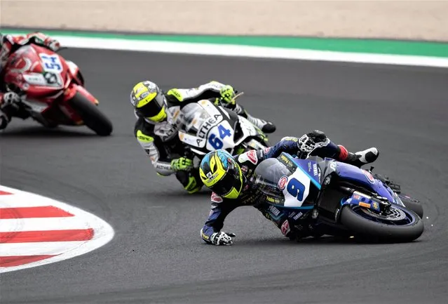 Jorge Navarro of Spain and Ten Kate Racing Yamaha crashes out during the Supersport Race 2 during the WorldSBK Round 5 – Misano Adriatico: Race 2 at Misano World Circuit on June 04, 2023 in Misano Adriatico, Italy. (Photo by Mirco Lazzari gp/Getty Images)