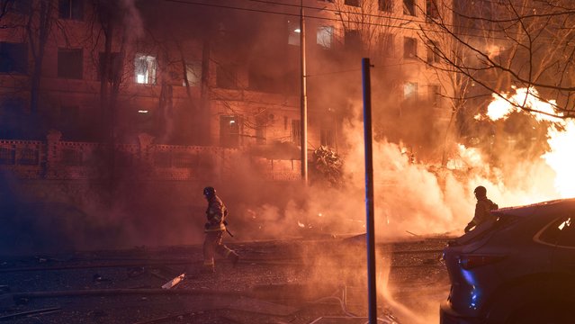Ukrainian rescue services eliminate the consequences of a Russian ballistic missile hitting the city center on December 20, 2024 in Kyiv, Ukraine. (Photo by Vlada Liberova/Libkos/Getty Images)