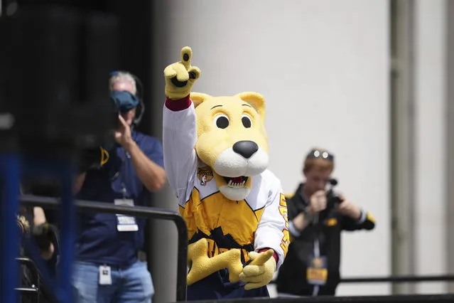 Denver Nuggets mascot Rocky gestures during a rally to celebrate the Denver Nuggets first NBA basketball championship Thursday, June 15, 2023, in Denver. (Photo by Jack Dempsey/AP Photo)