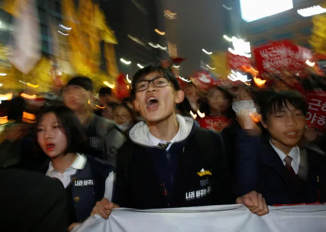 Middle school and high school students shout slogans at a protest calling South Korean President Park Geun-hye to step down in Seoul, South Korea, November 19, 2016. (Photo by Kim Hong-Ji/Reuters)