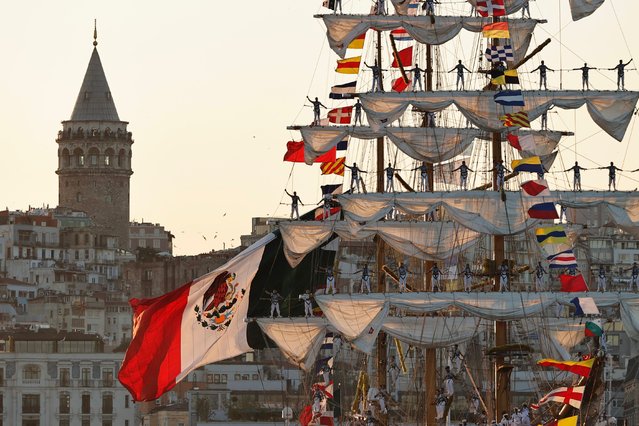 Mexican training ship “Cuauhtemoc” moves past the Galata Tower in Istanbul, Turkiye on July 18, 2023. “Cuauhtemoc”, which was sent by the Mexican government as a sign of friendship between the two countries on the occasion of the 100th anniversary of the founding of the Republic of Turkiye, arrived at Sarayburnu Port. (Photo by Omer Faruk Yildiz/Anadolu Agency via Getty Images)