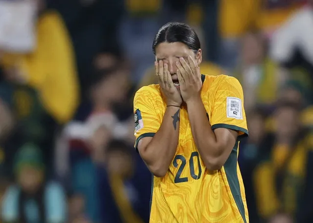 Sam Kerr of Australia reacts following their defeat by England during the FIFA Women's World Cup Australia & New Zealand 2023 Semi Final match between Australia and England at Stadium Australia on August 16, 2023 in Sydney, Australia. (Photo by Amanda Perobelli/Reuters)