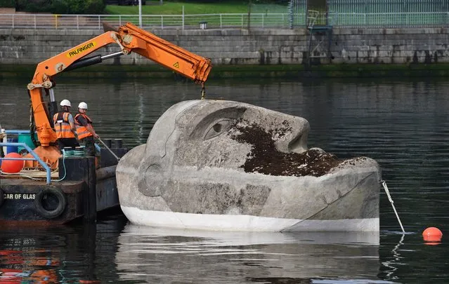 The 27-tonne concrete and steel Floating Head sculpture by artist Richard Groom is moved into position on the River Clyde near the Glasgow Science Centre on Monday, August 23, 2021, some 33 years after it was created for the Glasgow Garden Festival. (Photo by Andrew Milligan/PA Images via Getty Images)