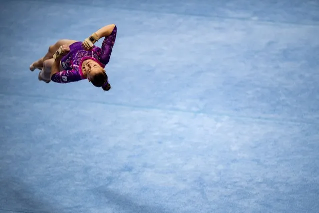 Russia's Vladislava Urazova competes in the floor event at the women's team qualification during the Artistic Gymnastics World Championships at the Kitakyushu City Gymnasium in Kitakyushu, Fukuoka prefecture on October 19, 2021. (Photo by Philip Fong/AFP Photo)